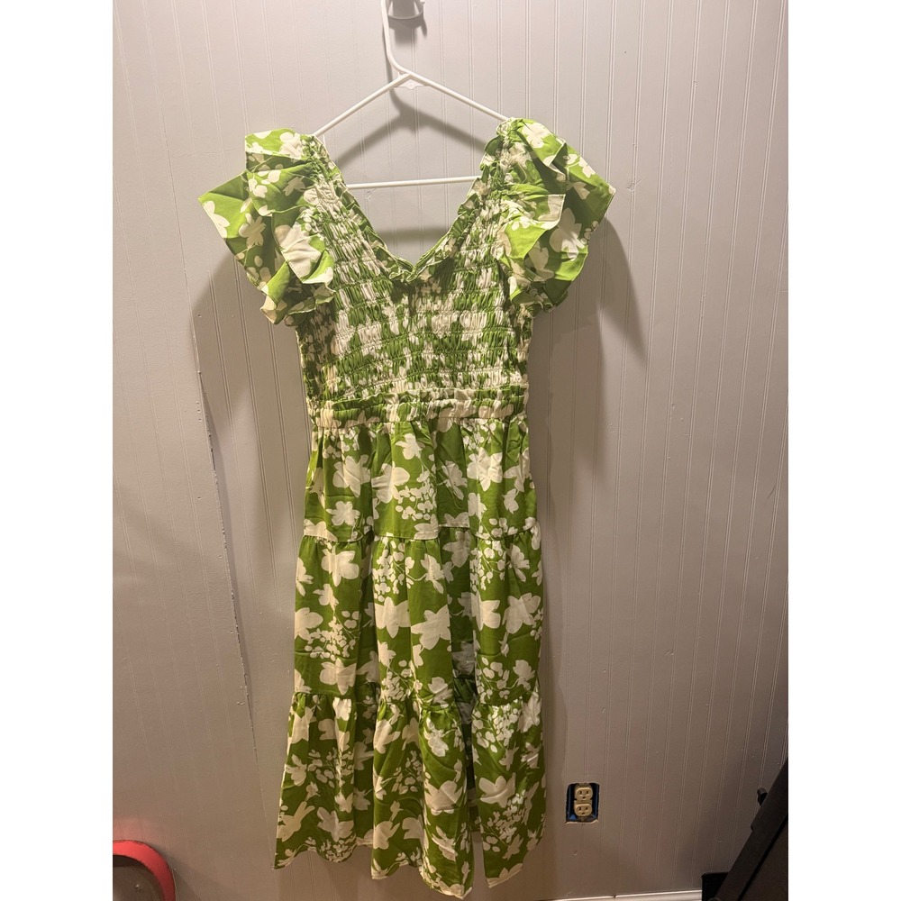 Umgee USA Green Floral Smocked Tiered Midi Dress Ruffle Sleeve Womens Size Med